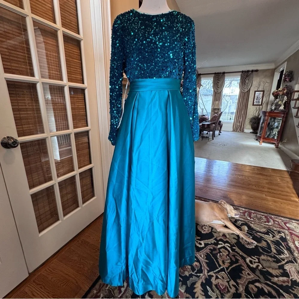 Girls Junior Formal Dress long-sleeve satin gown sequin bodice sash bow size 16
